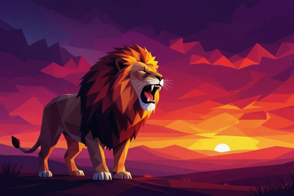 A lion roars at sunset